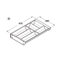 Dimensioned drawing — Häfele stainless steel cutlery tray, tray A (the narrower tray), Nova Pro Scala and MX drawers