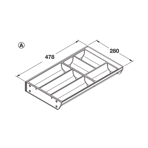 Dimensioned drawing — Häfele stainless steel cutlery tray, tray A (the narrower tray), Nova Pro Scala and MX drawers