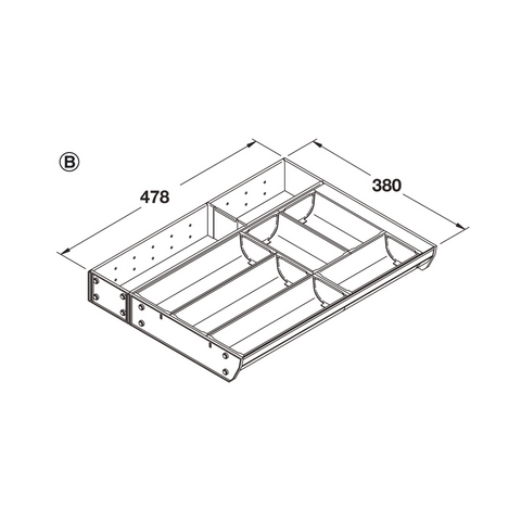 Dimensioned drawing — Häfele stainless steel cutlery tray, tray B (the wider tray), Nova Pro Scala and MX drawers
