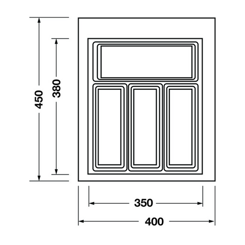 Dimensioned drawing — Häfele Classico 450 cutlery tray for a 450mm cabinet, tray 400mm wide (556.52.703)