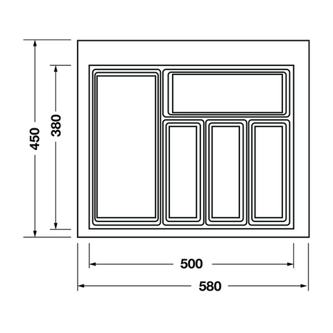 Dimensioned drawing — Häfele Classico 450 cutlery tray for a 600mm cabinet, tray 580mm wide (556.52.706)