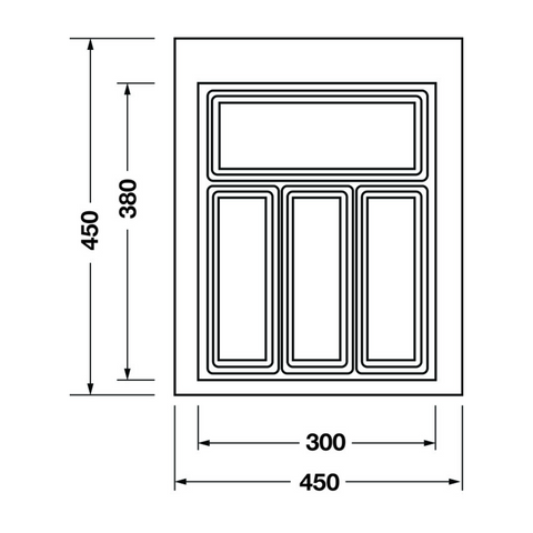 Dimensioned drawing — Häfele Classico 450 cutlery tray for a 400mm cabinet, tray 350mm wide (556.52.702)