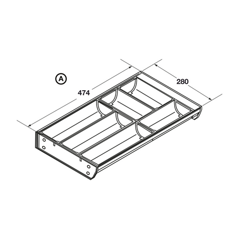 Dimensioned drawing — Häfele stainless steel cutlery tray for a 400 or 450mm cabinet, Alto and TANDEMBOX drawers (554.98.042)