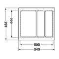 Dimensioned drawing — Häfele Excel utensil tray, 540 x 485mm as supplied, dashed line marks the 508 x 444mm trim minimum (556.65.366 / .566 / .766)