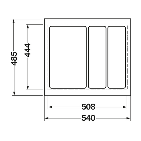 Dimensioned drawing — Häfele Excel utensil tray, 540 x 485mm as supplied, dashed line marks the 508 x 444mm trim minimum (556.65.366 / .566 / .766)