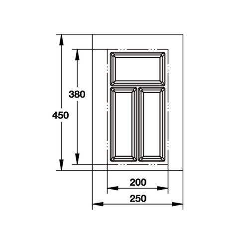 Dimensioned drawing — Häfele Classico 450 cutlery tray for a 300mm cabinet, tray 250mm wide (556.52.700)