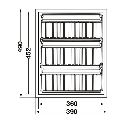 Dimensioned drawing — Häfele Salsa spice insert, 390 x 490mm (556.63.753 white / 556.63.353 anthracite)