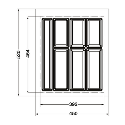 Dimensioned drawing — Häfele Classico 500 Non-Slip cutlery tray for a 500mm cabinet, tray 450 x 510mm (556.51.303)