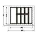Dimensioned drawing — Häfele Classico 500 cutlery tray for a 700mm cabinet: 680 x 510mm as supplied, dashed line marks the 592 x 454mm trim minimum