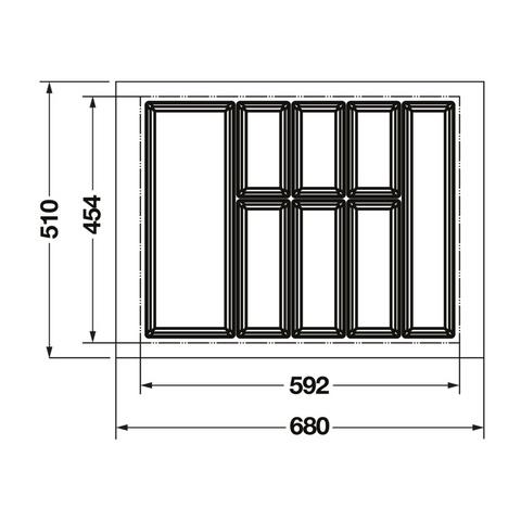 Dimensioned drawing — Häfele Classico 500 cutlery tray for a 700mm cabinet: 680 x 510mm as supplied, dashed line marks the 592 x 454mm trim minimum