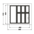 Dimensioned drawing — Häfele Classico 500 cutlery tray for a 600mm cabinet: 580 x 510mm as supplied, dashed line marks the 492 x 454mm trim minimum
