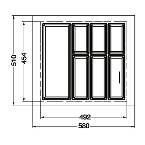 Dimensioned drawing — Häfele Classico 500 cutlery tray for a 600mm cabinet: 580 x 510mm as supplied, dashed line marks the 492 x 454mm trim minimum