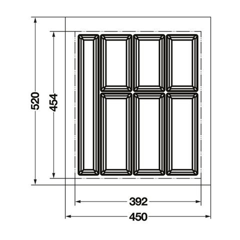 Dimensioned drawing — Häfele Classico 500 cutlery tray for a 500mm cabinet: 450 x 520mm as supplied, dashed line marks the 392 x 454mm trim minimum