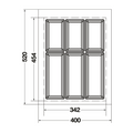 Dimensioned drawing — Häfele Classico 500 cutlery tray for a 450mm cabinet: 400 x 520mm as supplied, dashed line marks the 342 x 454mm trim minimum