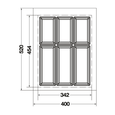 Dimensioned drawing — Häfele Classico 500 cutlery tray for a 450mm cabinet: 400 x 520mm as supplied, dashed line marks the 342 x 454mm trim minimum