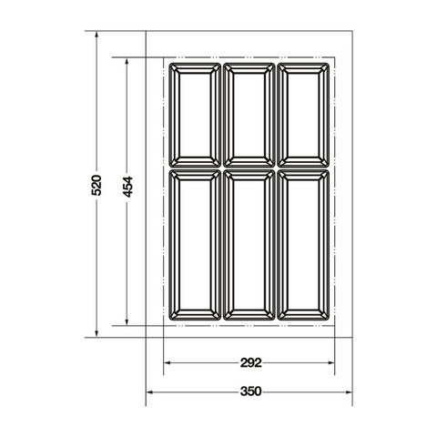 Dimensioned drawing — Häfele Classico 500 cutlery tray for a 400mm cabinet: 350 x 520mm as supplied, dashed line marks the 292 x 454mm trim minimum