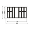 Dimensioned drawing — Häfele Classico 500 cutlery tray for a 900mm cabinet: 880 x 510mm as supplied, dashed line marks the 792 x 454mm trim minimum