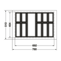 Dimensioned drawing — Häfele Classico 500 cutlery tray for an 800mm cabinet: 780 x 510mm as supplied, dashed line marks the 692 x 454mm trim minimum