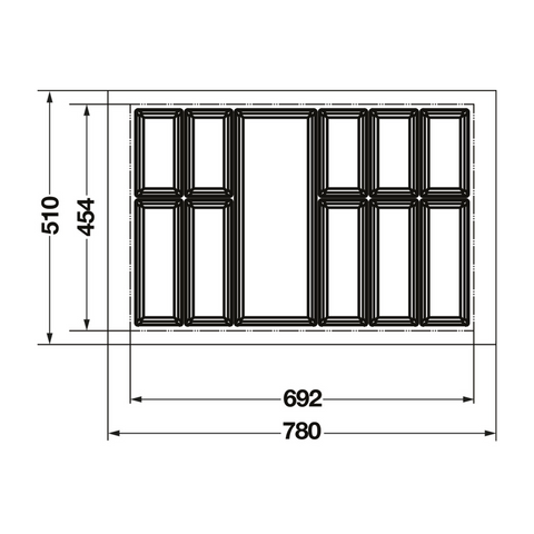 Dimensioned drawing — Häfele Classico 500 cutlery tray for an 800mm cabinet: 780 x 510mm as supplied, dashed line marks the 692 x 454mm trim minimum