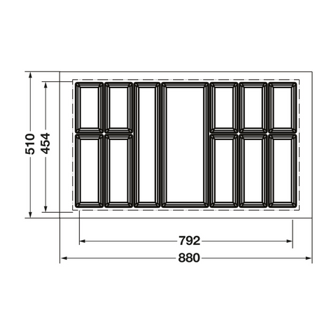 Dimensioned drawing — Häfele Classico 500 Non-Slip cutlery tray for a 900mm cabinet, tray 880 x 510mm (556.51.309)