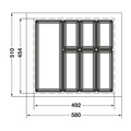 Dimensioned drawing — Häfele Classico 500 Non-Slip cutlery tray for a 600mm cabinet, tray 580 x 510mm (556.51.306)