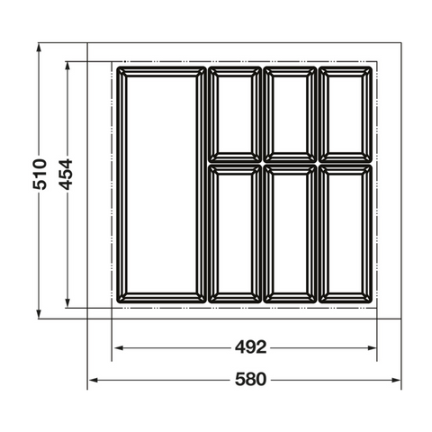 Dimensioned drawing — Häfele Classico 500 Non-Slip cutlery tray for a 600mm cabinet, tray 580 x 510mm (556.51.306)