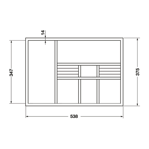 Dimensioned drawing — Häfele drawer insert with ring holder, felt lined, sizes in millimetres