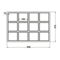 Dimensioned drawing — Häfele 12-compartment felt-lined drawer insert, sizes in millimetres