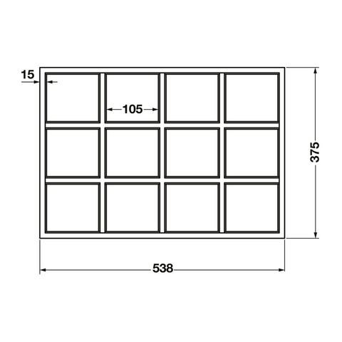 Dimensioned drawing — Häfele 12-compartment felt-lined drawer insert, sizes in millimetres