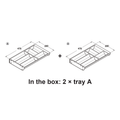 Dimensioned drawing — 700mm and 800mm cabinets come with two of tray A (280mm wide, 478mm deep)