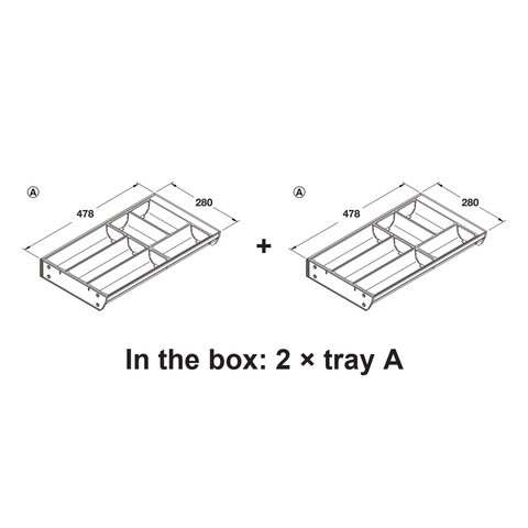 Dimensioned drawing — 700mm and 800mm cabinets come with two of tray A (280mm wide, 478mm deep)