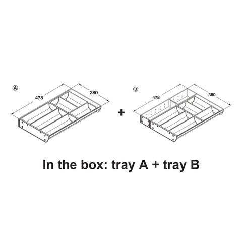 Dimensioned drawing — 900mm and 1000mm cabinets come with tray A (280mm wide) and tray B (380mm wide), both 478mm deep