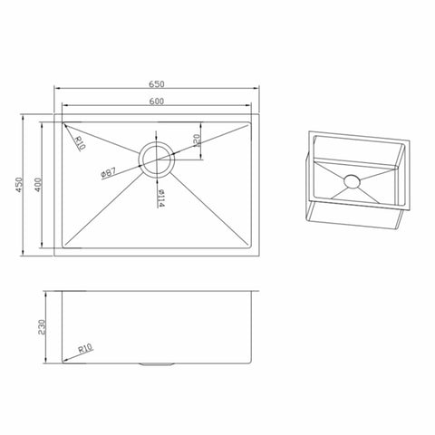 Single Sink Stainless Steel 600 X 450 X 230mm - Brushed Nickel