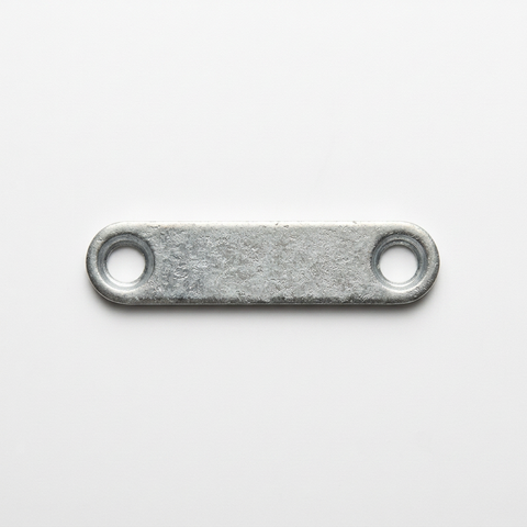 Zinc-finish steel joiner plate with rounded ends and two mounting holes on a white background