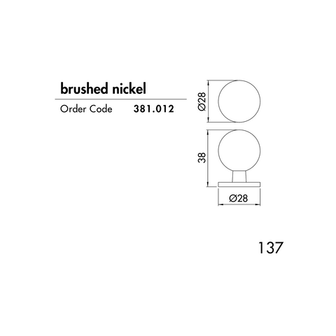 Dimensions drawing 2 — Bulb Knob | Ø28mm — Brushed Nickel