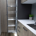 Project Plus Dispensa Pantry Brand: Kesseböhmer Material: Steel support frame, wire baskets Finish: Powder-coated silver extension,Chrome plated Polished baskets Number of baskets: 5 Load capacity: 70 kg Version: Height adjustable, full extension Internal