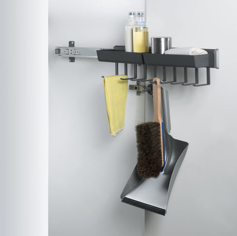 Peka Pesolo anthracite pull-out holding a dustpan, brush and cloth on integrated hooks with a storage tray