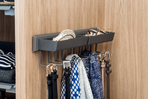 Peka Pesolo anthracite pull-out wardrobe organiser with belts, scarves and accessories on hooks and a tray