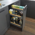Peka Pinello Spice anthracite base unit pull-out with tiered shelves of spice boxes, jars and bottles in a modern kitchen
