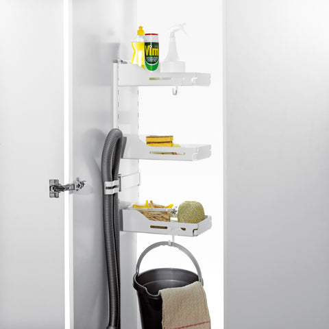 Peka Sesam Standard white cleaning cupboard shelving system with adjustable shelves of cleaning supplies above a bucket