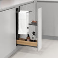 Peka Snello anthracite towel rail extension pull-out with towel rail and tray holding towels and cleaning bottles in a grey kitchen cabinet