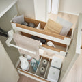 Peka Pinello Towel white pull-out viewed from above with towel rail, sponges and cleaning bottles