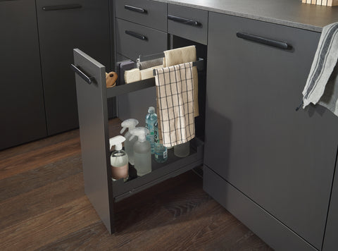 Peka Pinello Towel anthracite pull-out extended from a base cabinet, holding tea towels and spray bottles