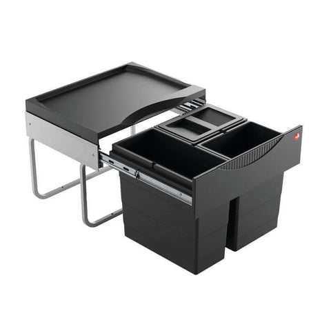 Hailo Tandem-S pull-out waste bin system 28L with three separate compartments for efficient waste sorting.