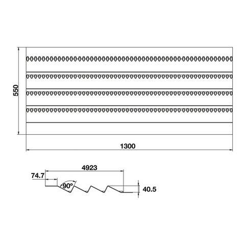 Dimensioned drawing — Häfele Salsa Pro spice tray, cut to any width up to 1300mm, sizes in millimetres