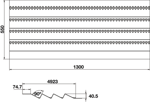 Dimensioned drawing of the Häfele Salsa Pro spice tray — a 1300 by 550mm sheet, with a section showing 40.5mm ramps across a 492.3mm corrugated field