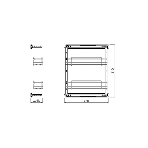 Dimensions drawing 1 — Side-Mount Pull-Out System | 200mm / 300mm Cabinet