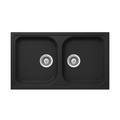 Quartz Double Bowl Sink Features: Double bowlPush/pull plug waste connectionsTop and under mount installationImpact, stain and heat resistant Material: 80% Quartz15% Acrylic Finish: Black OnyxWhite Alpina Dimensions (L x W x D): 860 x 500 x 205mm Bowl siz