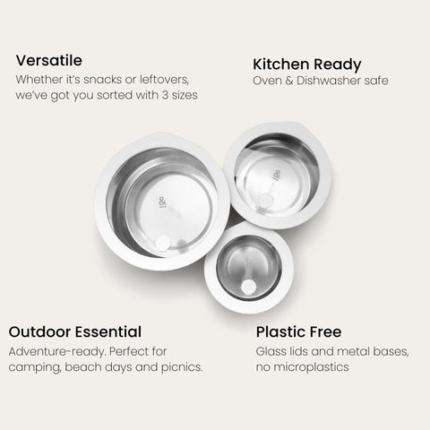 Stainless Steel and Glass Food Containers | Round Mixed 3pk